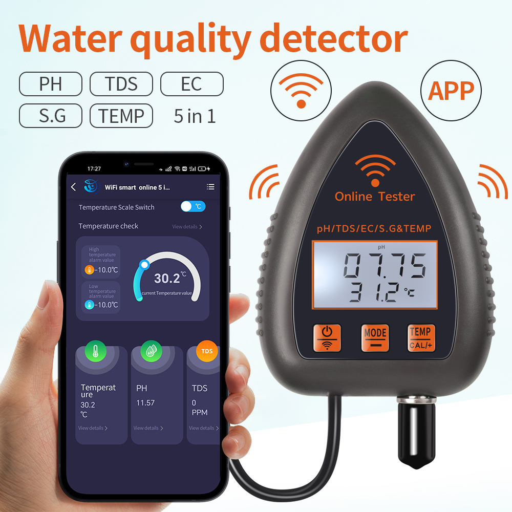 Ph Meter Digital Water Tester - Tuya WiFi 5-in-1 TDS/EC/SALT/S.G./TEMP PH-Messgerät Bluetooth