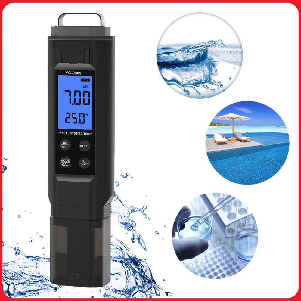 Ph Meter Digital Water Tester - 5-in-1 Digitaler Wasserqualitätstester-Stift TDS/EC/Temperatur/Salzgehalt/pH-Meter für Trinkwasser/Aquarien/Hydroponik/Schwimmbäder